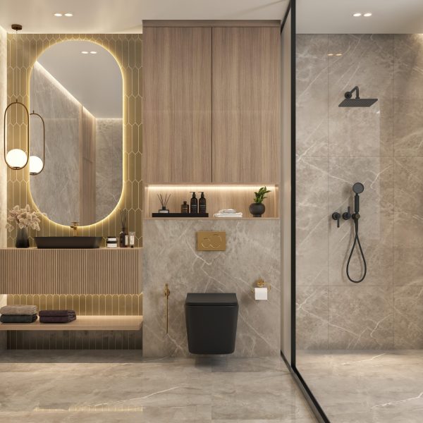 Modern bathroom with marble tiles and gold fittings - Beautiful Homes